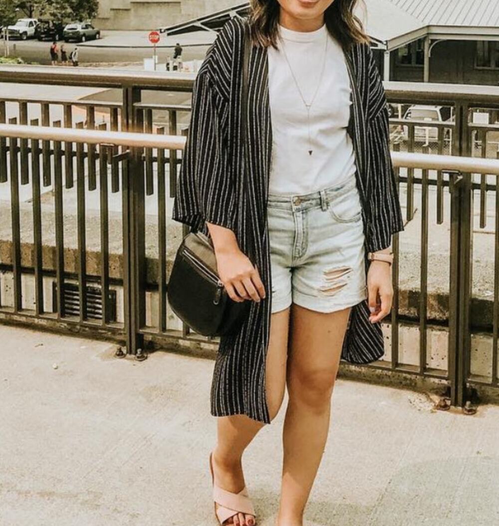 GILLI Black White Striped Open Front Kimono Duster (Small)